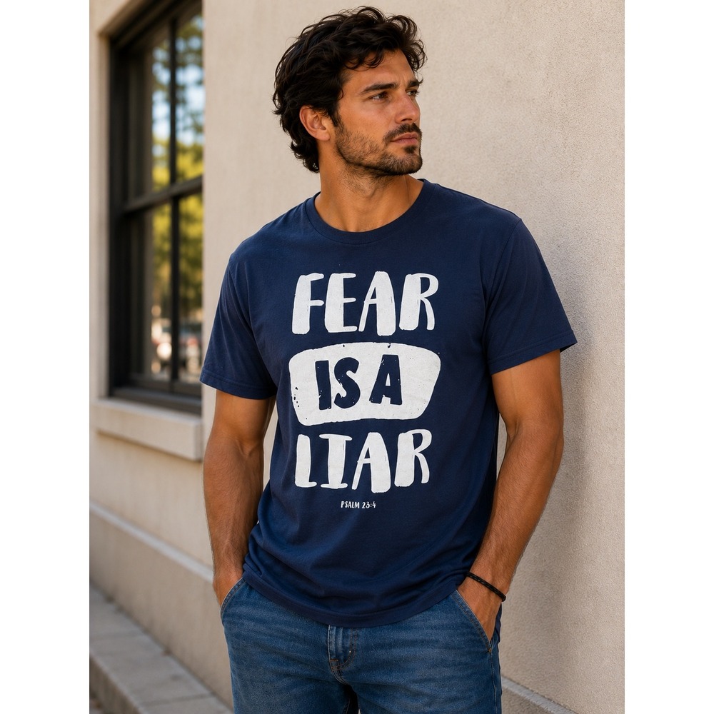 Fear Is A Liar Psalm 23:4 Christian Graphic T-Shirt Navy Blue Mens Medium